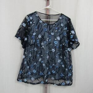 CJ Banks 1X Navy Blue Floral Embroidered Sheer Overlay Blouse Vertical Stripes